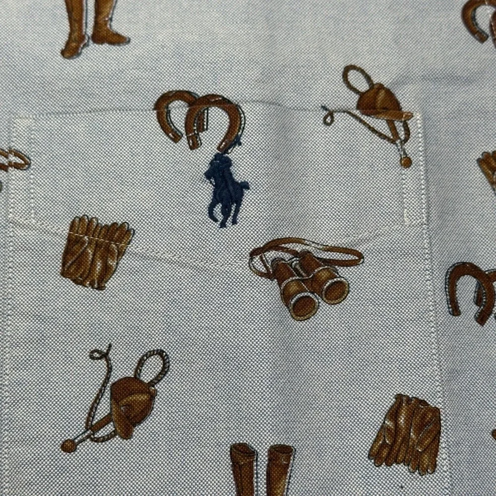 Polo Ralph Lauren Men Classic‎ Button Down Shirt Large Light Blue Western Print